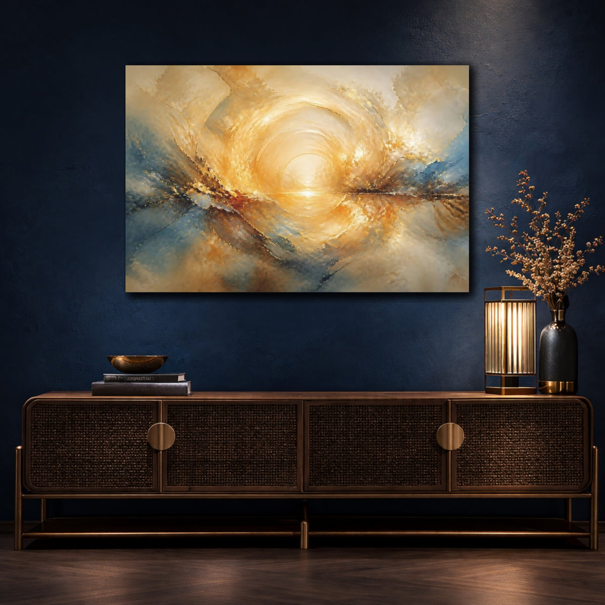 Mockup 4. Golden Sun Reflection shown as canvas print