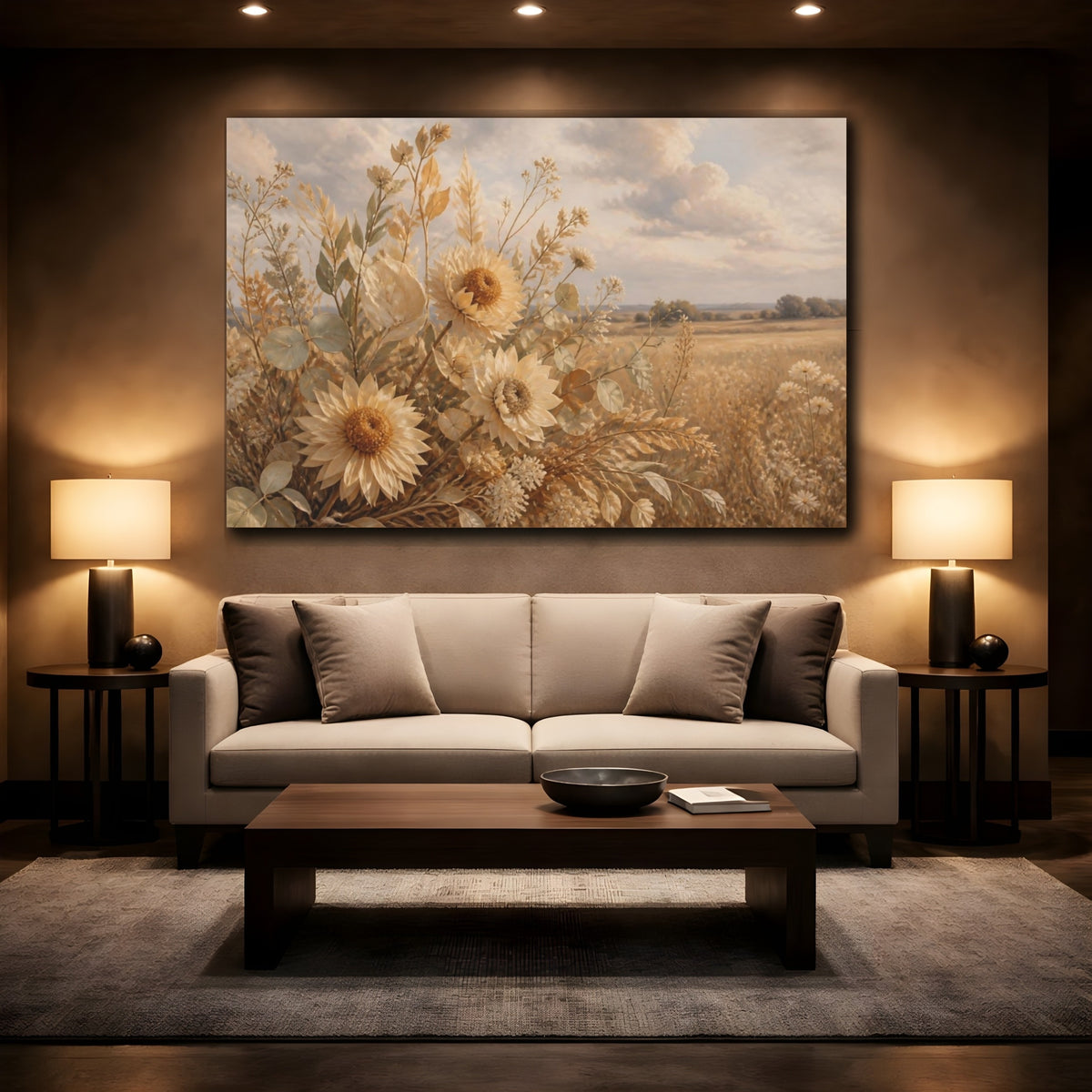 Mockup 2. Golden Sunflower Floral shown as canvas print
