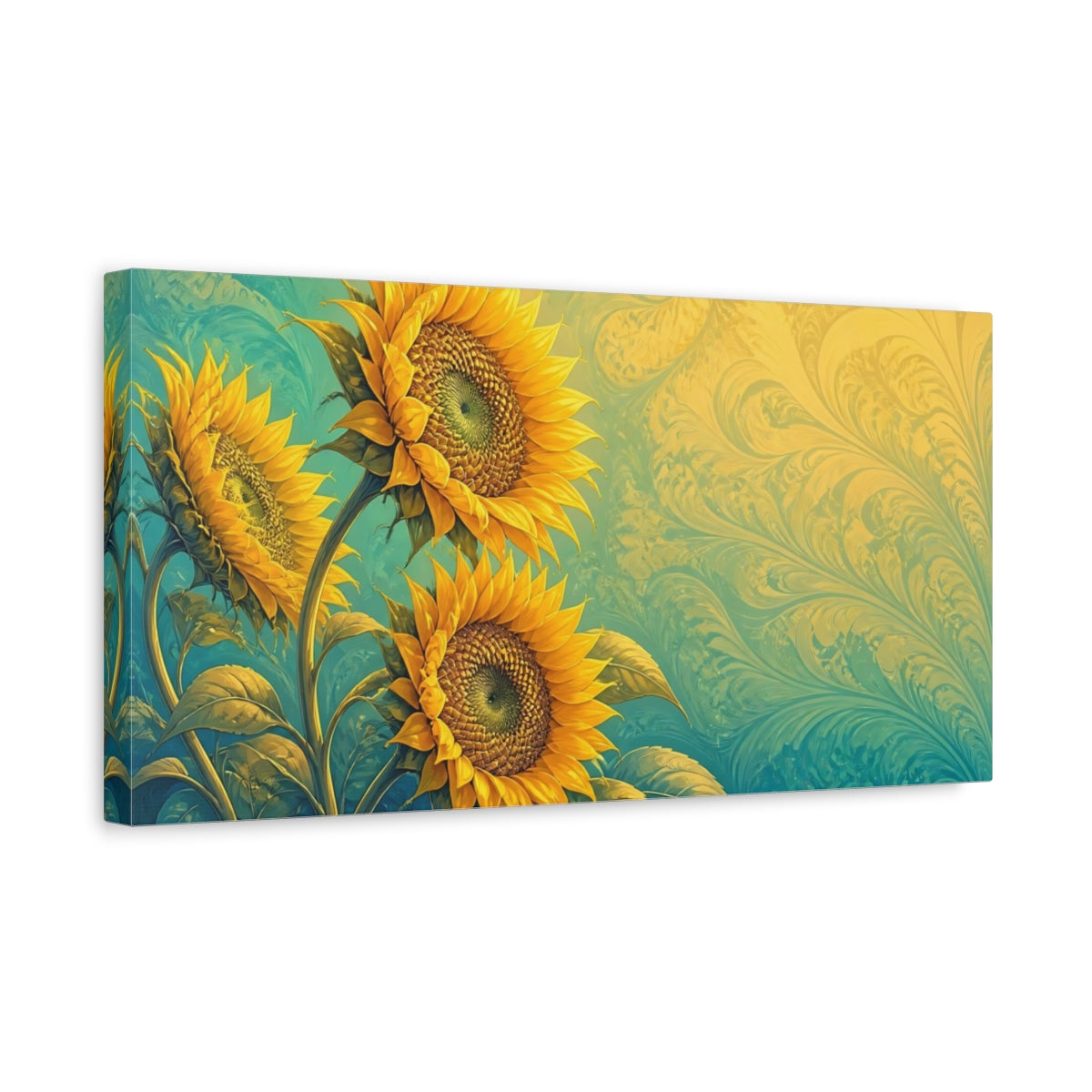 Side Mockup 3. Golden Sunflower Swirl shown as canvas print