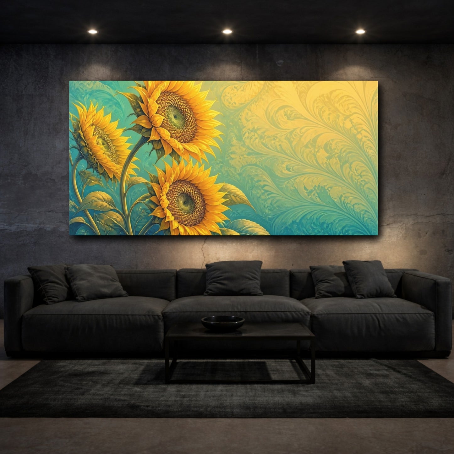 Mockup 3. Golden Sunflower Swirl shown as canvas print