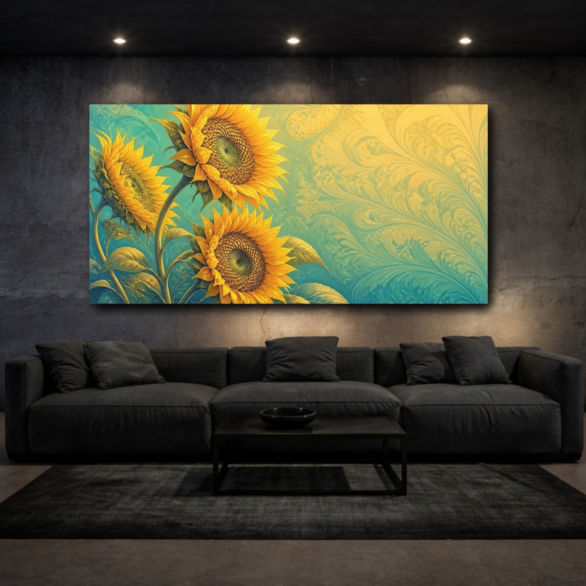 Mockup 3. Golden Sunflower Swirl shown as canvas print