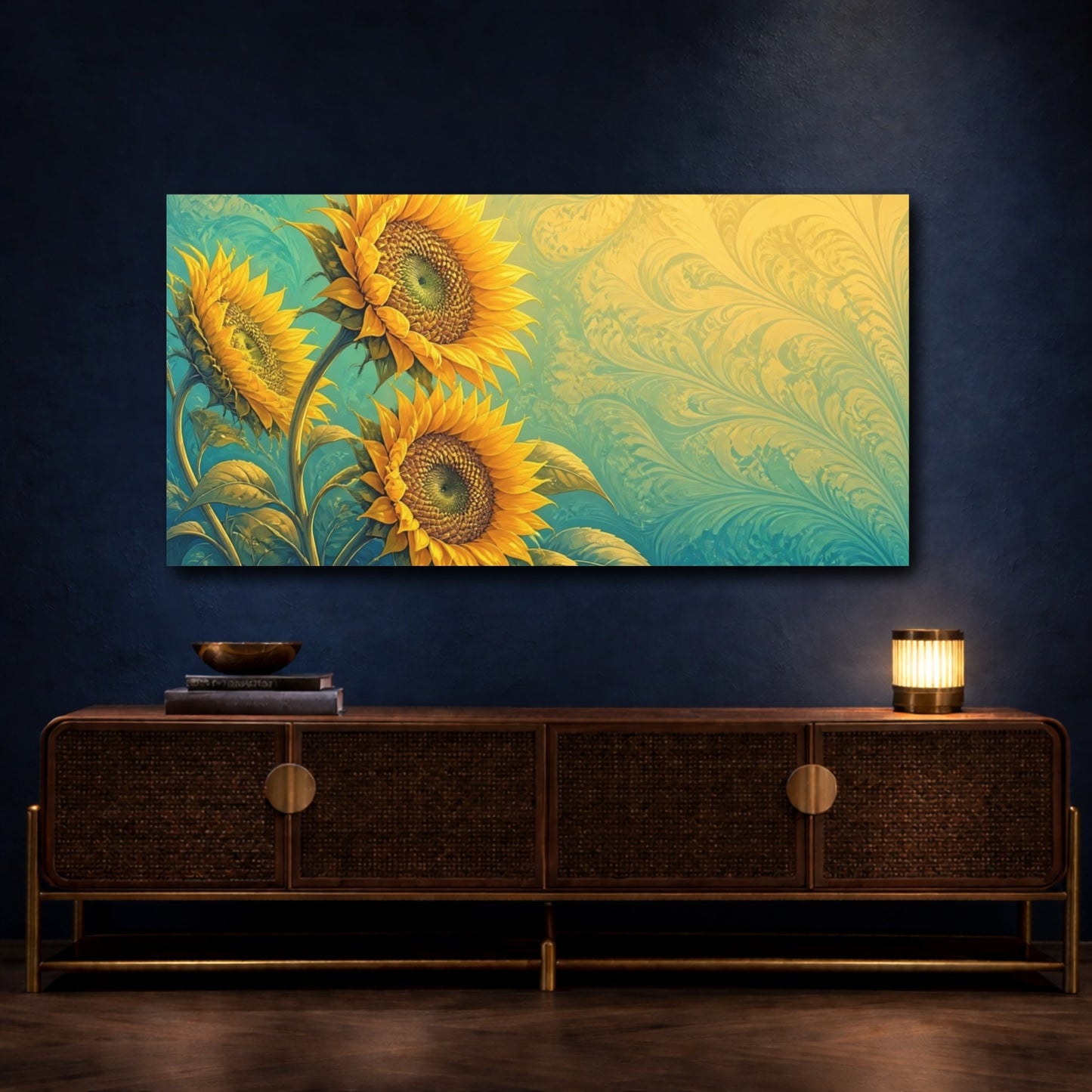 Mockup 4. Golden Sunflower Swirl shown as canvas print