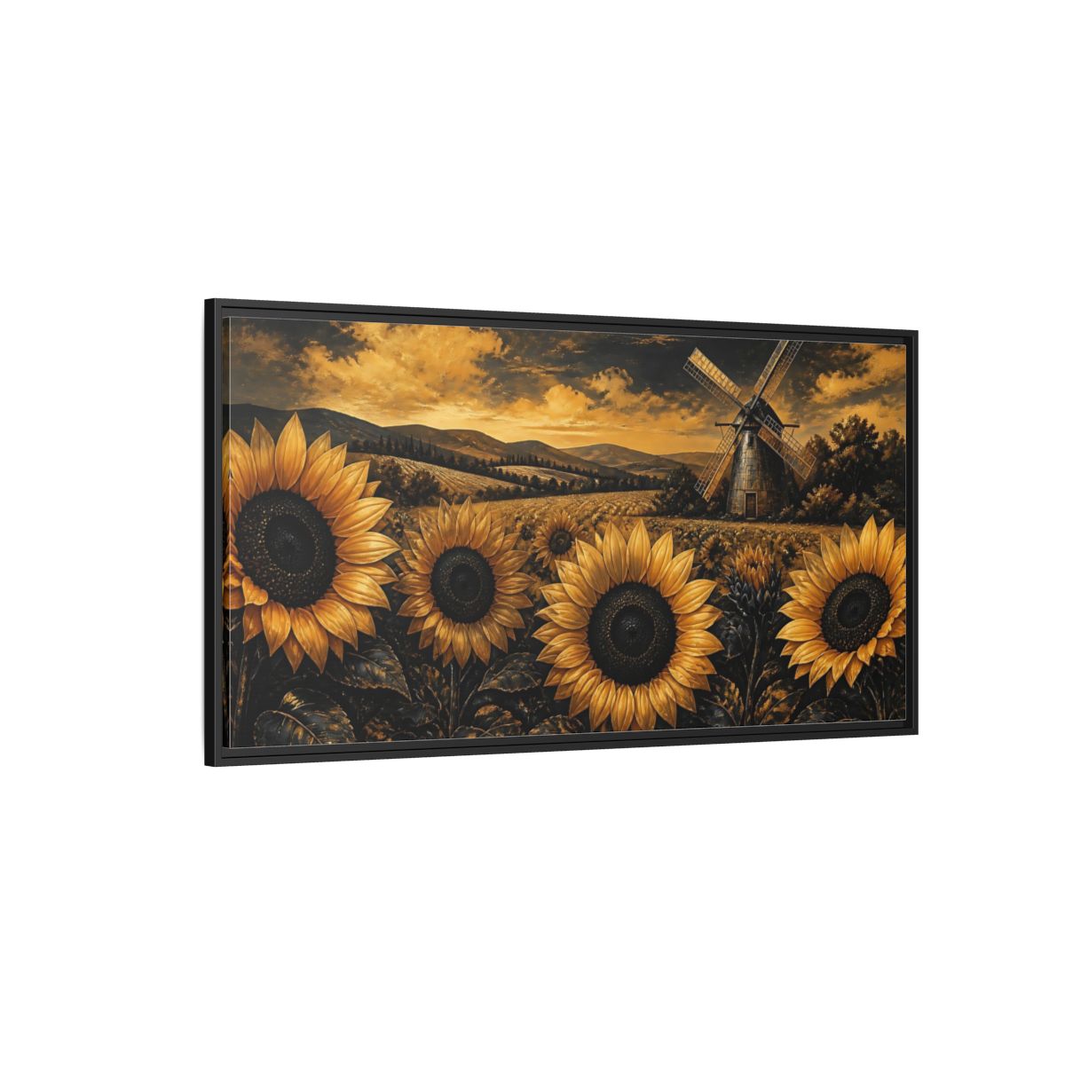Side Mockup 5. Golden Sunflowers And Windmill shown as framed canvas print