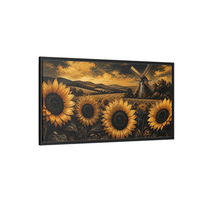 Side Mockup 5. Golden Sunflowers And Windmill shown as framed canvas print
