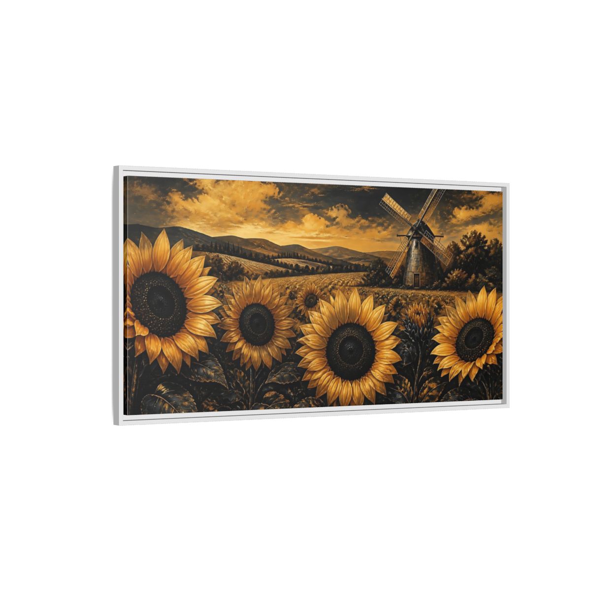 Side Mockup 3. Golden Sunflowers And Windmill shown as framed canvas print