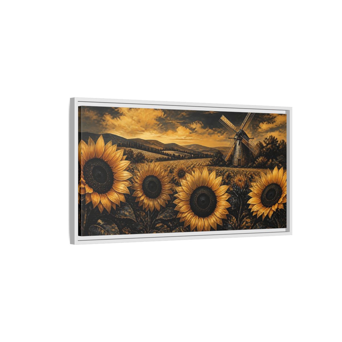Side Mockup 1. Golden Sunflowers And Windmill shown as framed canvas print