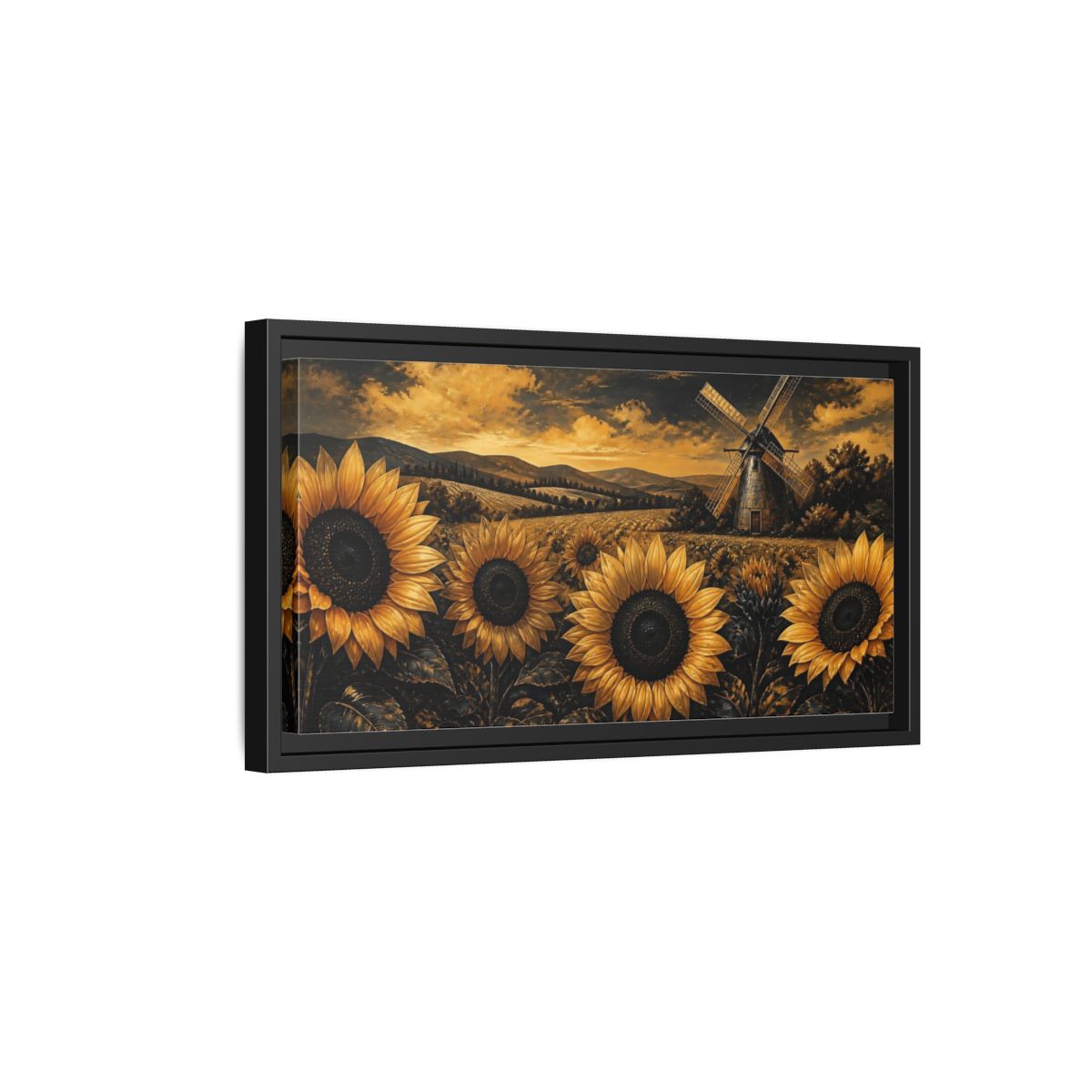 Side Mockup 8. Golden Sunflowers And Windmill shown as framed canvas print