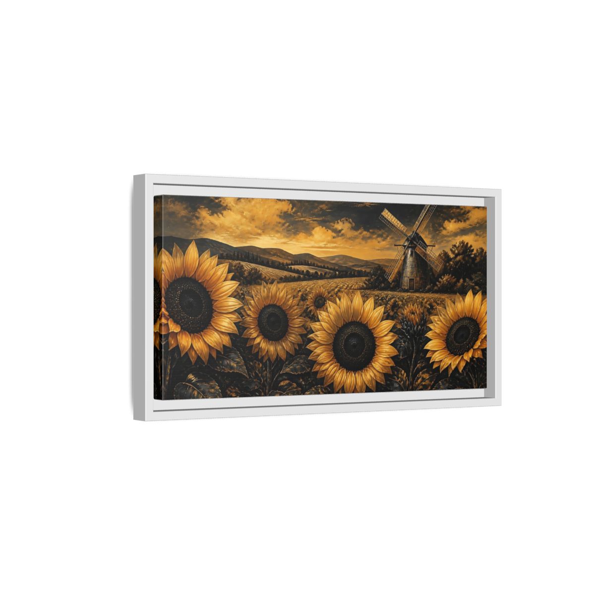 Side Mockup 6. Golden Sunflowers And Windmill shown as framed canvas print