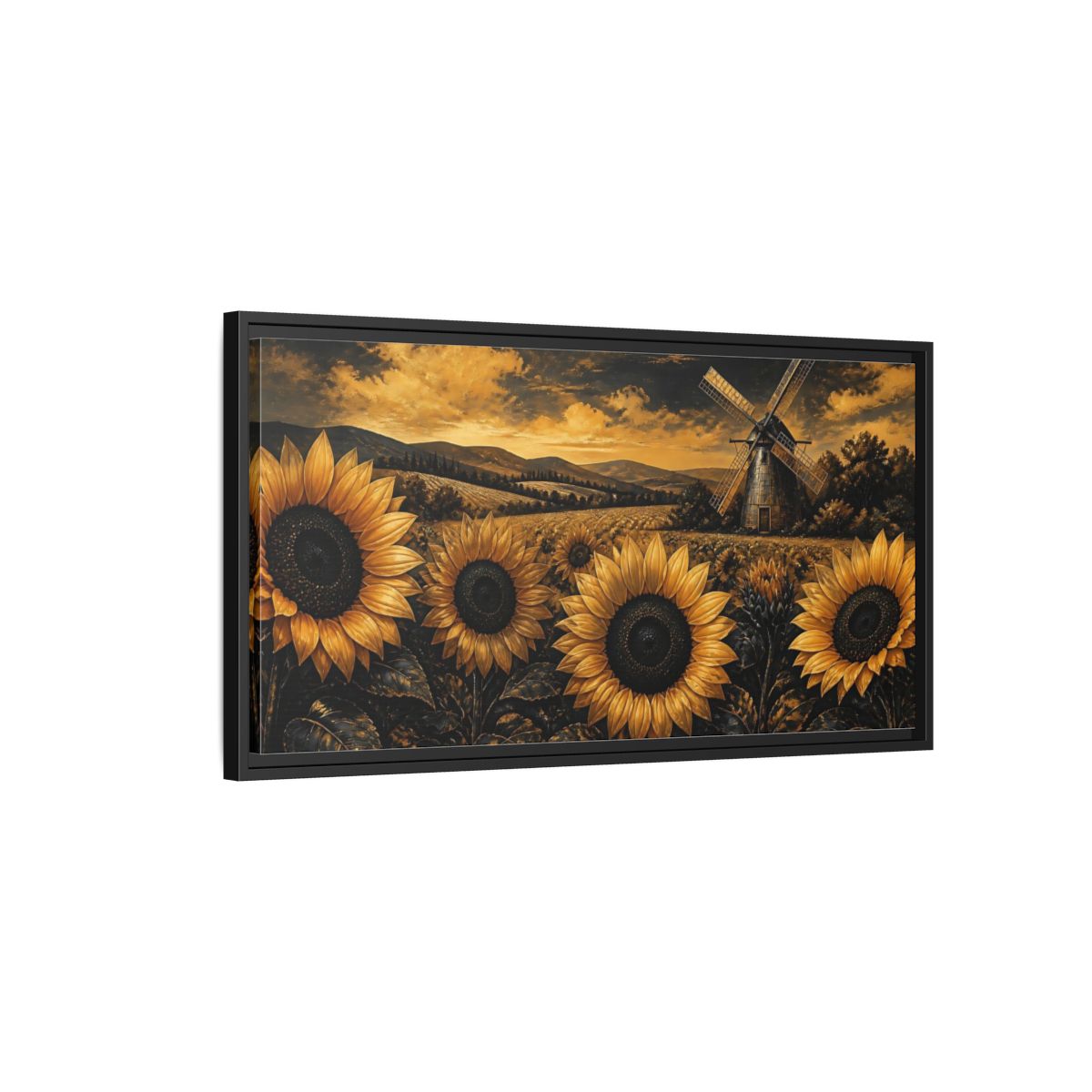 Side Mockup 2. Golden Sunflowers And Windmill shown as framed canvas print