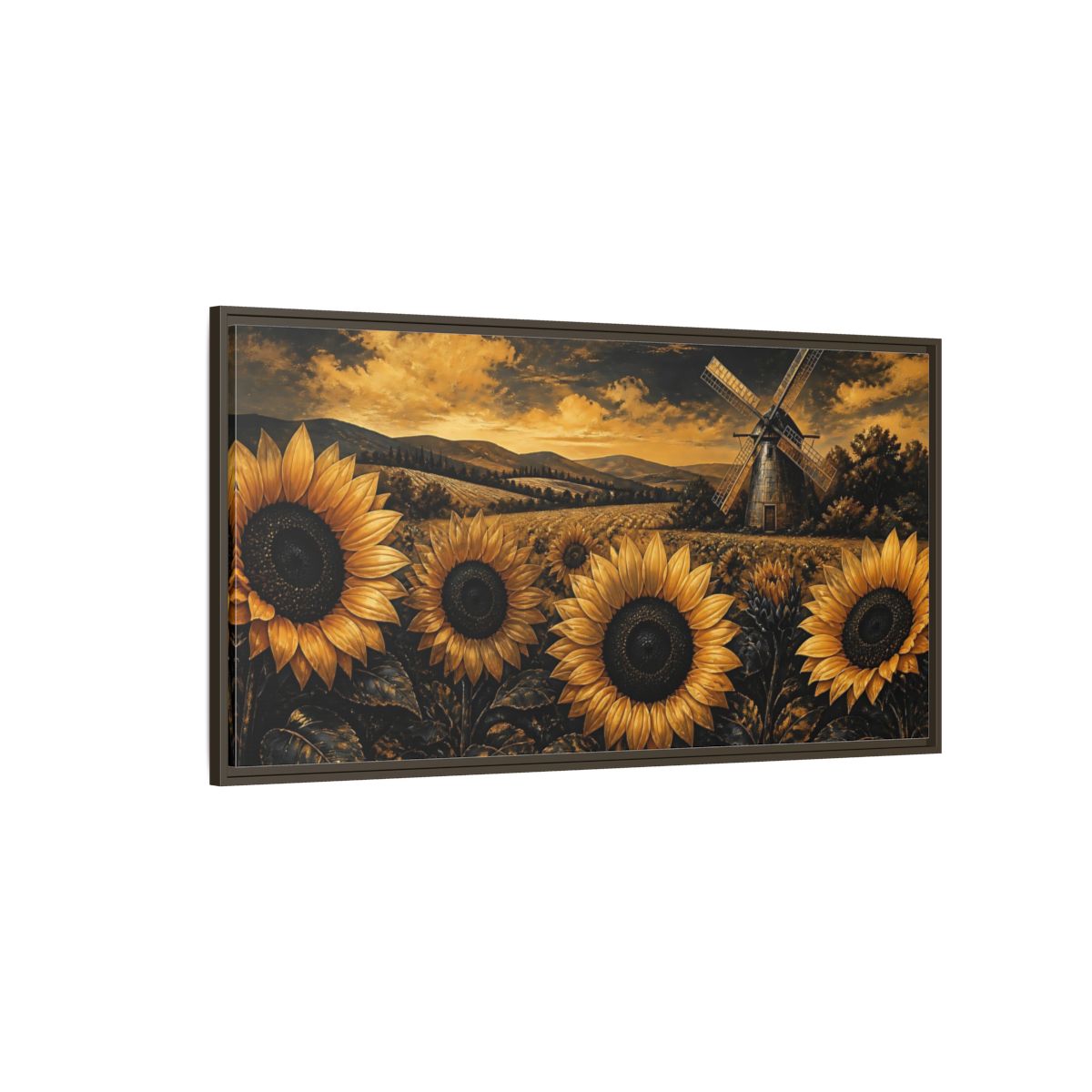 Side Mockup 4. Golden Sunflowers And Windmill shown as framed canvas print
