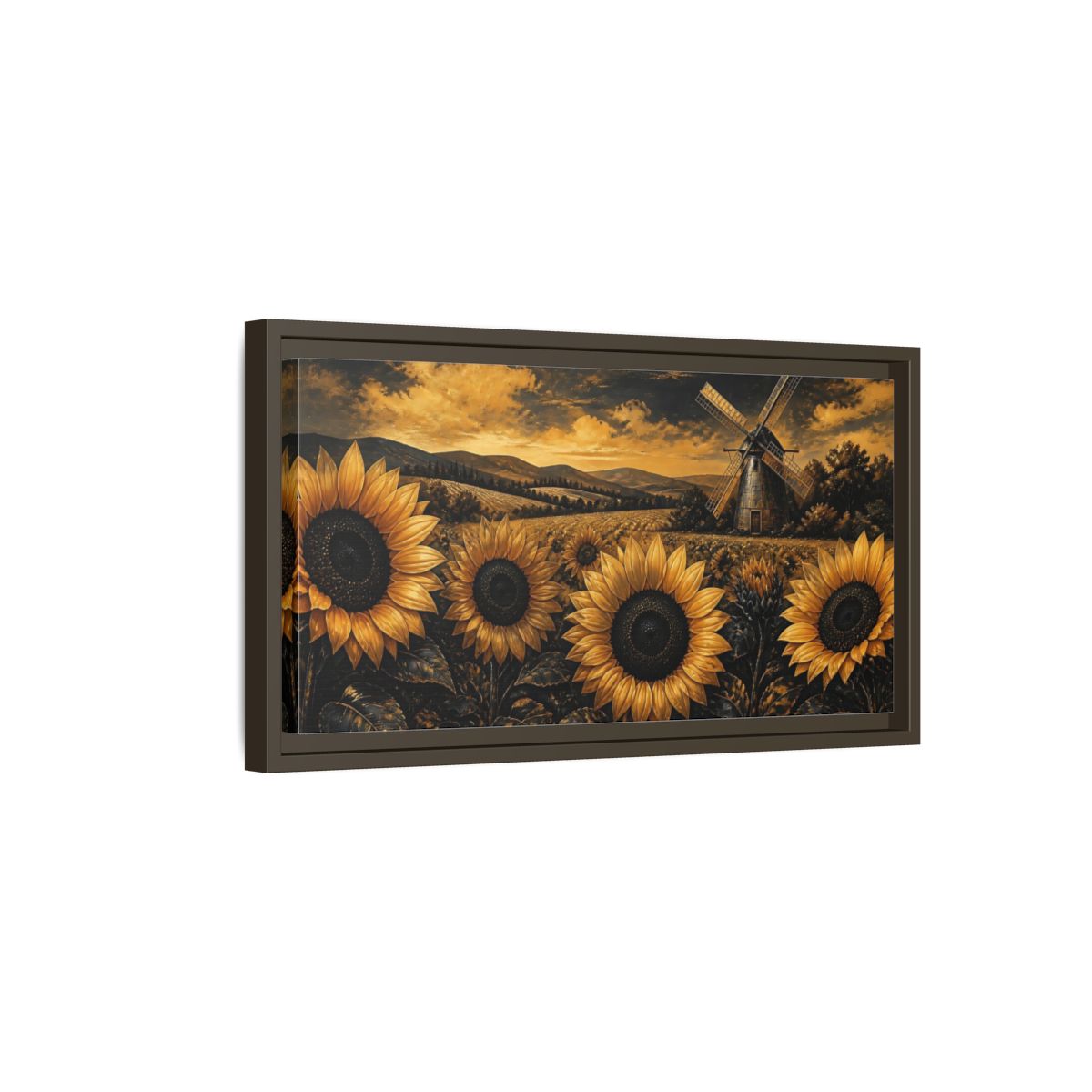 Side Mockup 7. Golden Sunflowers And Windmill shown as framed canvas print