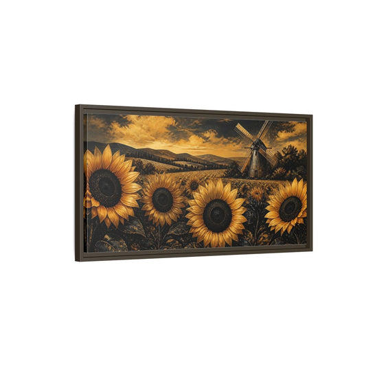 Main Mockup. Golden Sunflowers And Windmill shown as framed canvas print