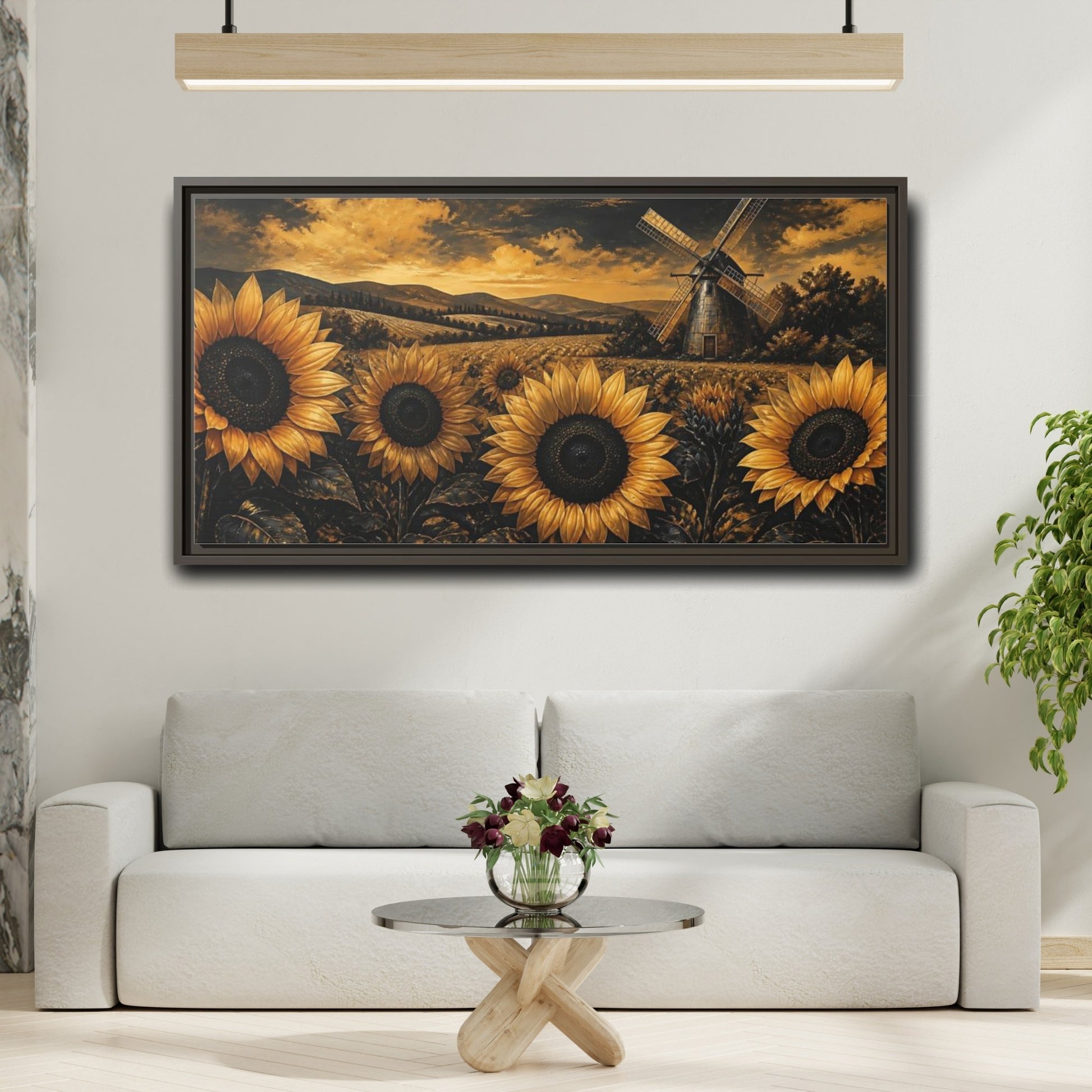 Mockup 2. Golden Sunflowers And Windmill shown as framed canvas print
