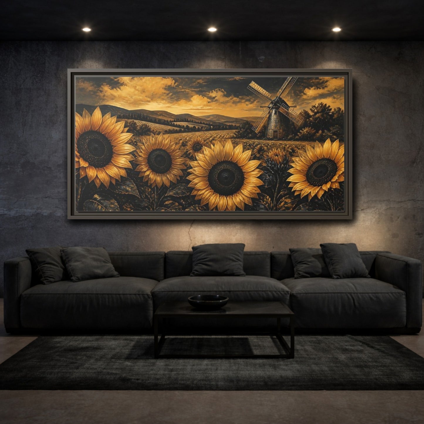 Mockup 3. Golden Sunflowers And Windmill shown as framed canvas print