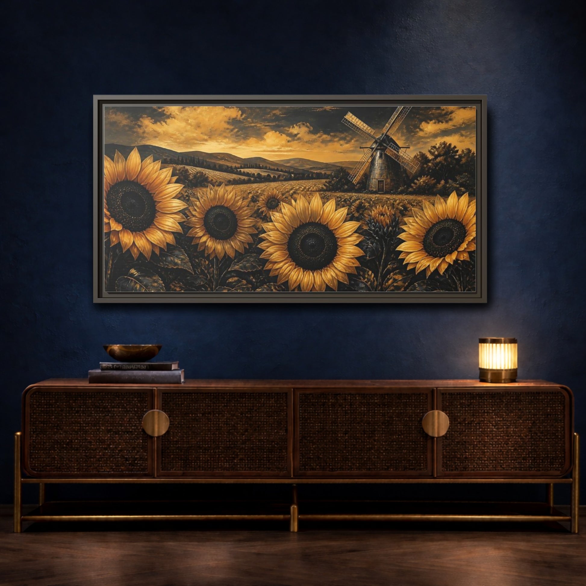 Mockup 4. Golden Sunflowers And Windmill shown as framed canvas print