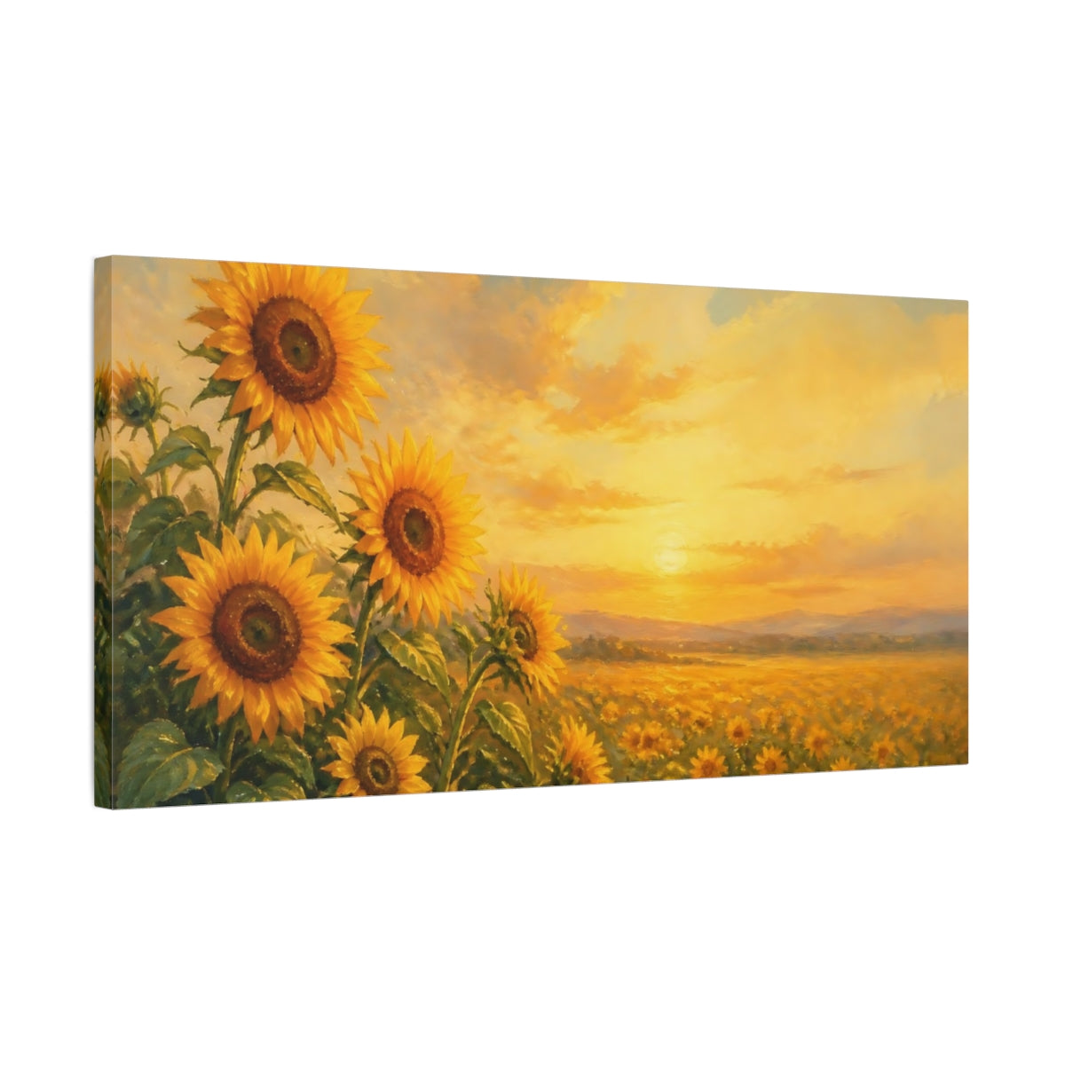 Side Mockup 1. Golden Sunflowers At Sunset shown as canvas print