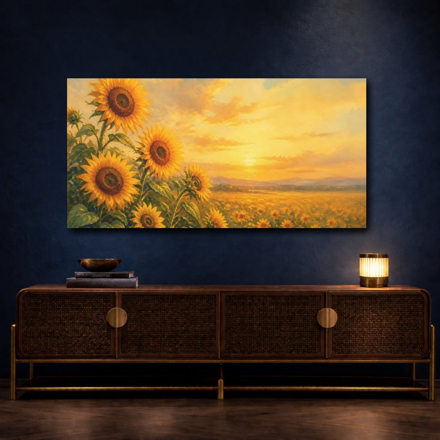Mockup 4. Golden Sunflowers At Sunset shown as canvas print