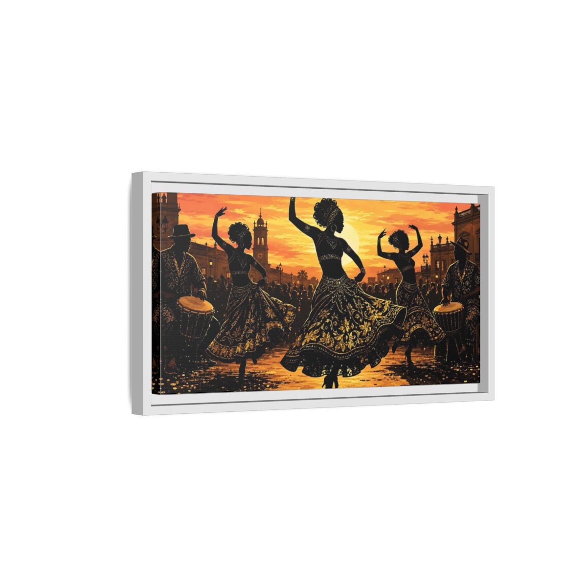 Side Mockup 6. Golden Sunset Dancers shown as framed canvas print