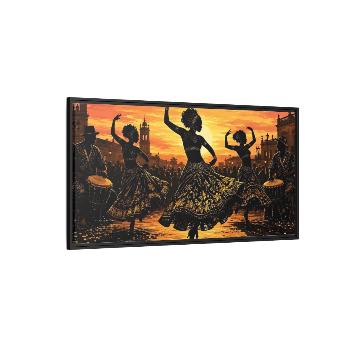Side Mockup 5. Golden Sunset Dancers shown as framed canvas print