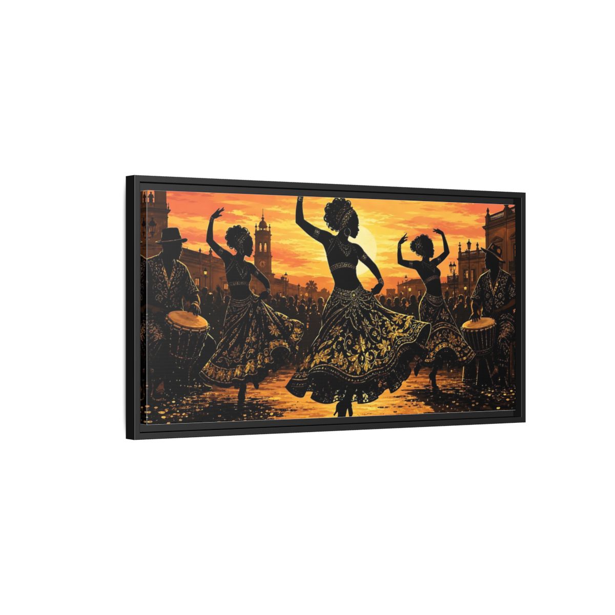 Side Mockup 2. Golden Sunset Dancers shown as framed canvas print