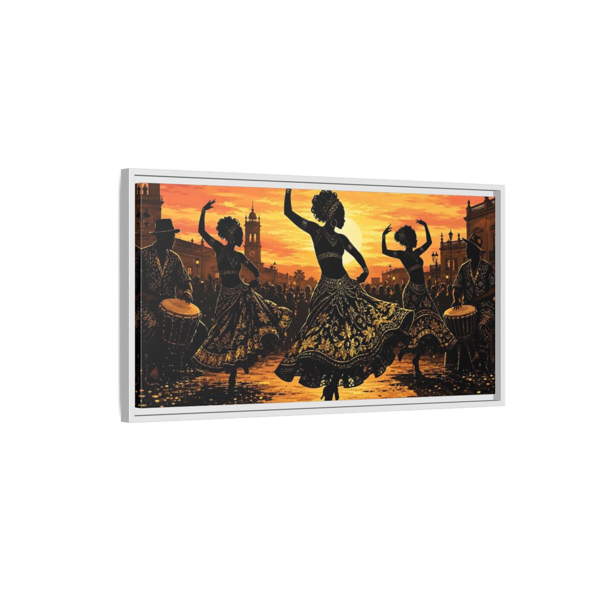 Side Mockup 1. Golden Sunset Dancers shown as framed canvas print