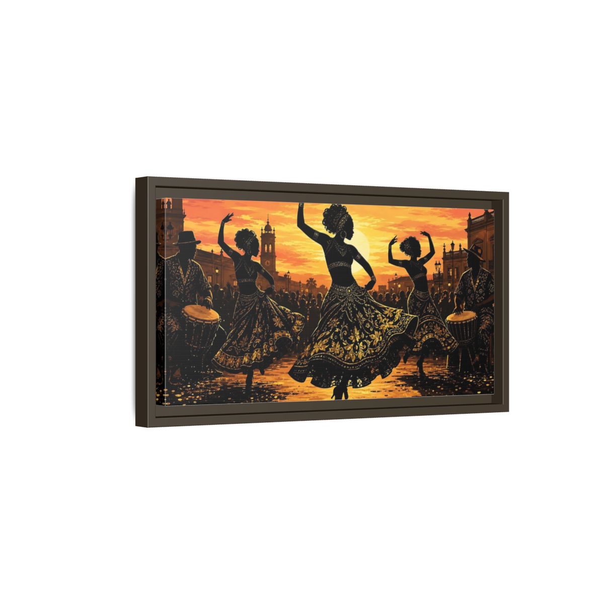 Side Mockup 7. Golden Sunset Dancers shown as framed canvas print