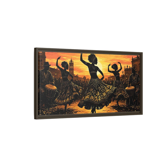 Main Mockup. Golden Sunset Dancers shown as framed canvas print