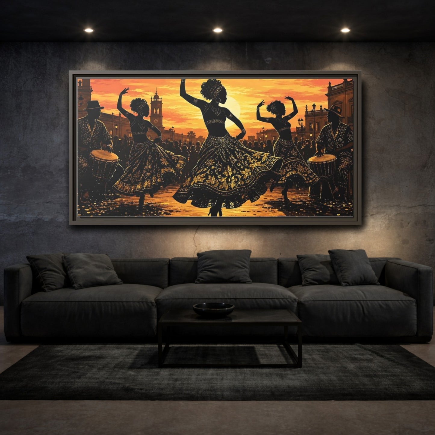 Mockup 3. Golden Sunset Dancers shown as framed canvas print
