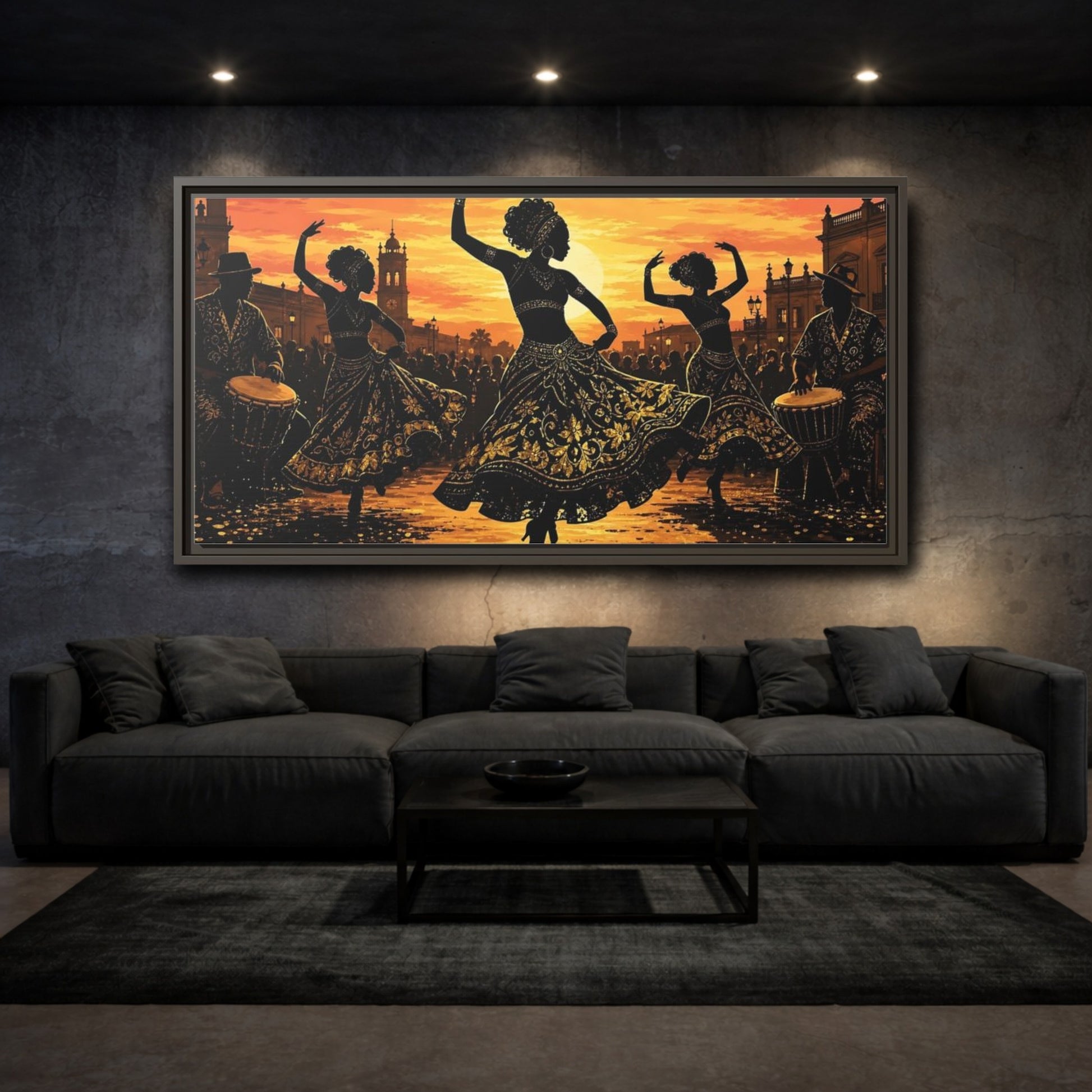 Mockup 3. Golden Sunset Dancers shown as framed canvas print