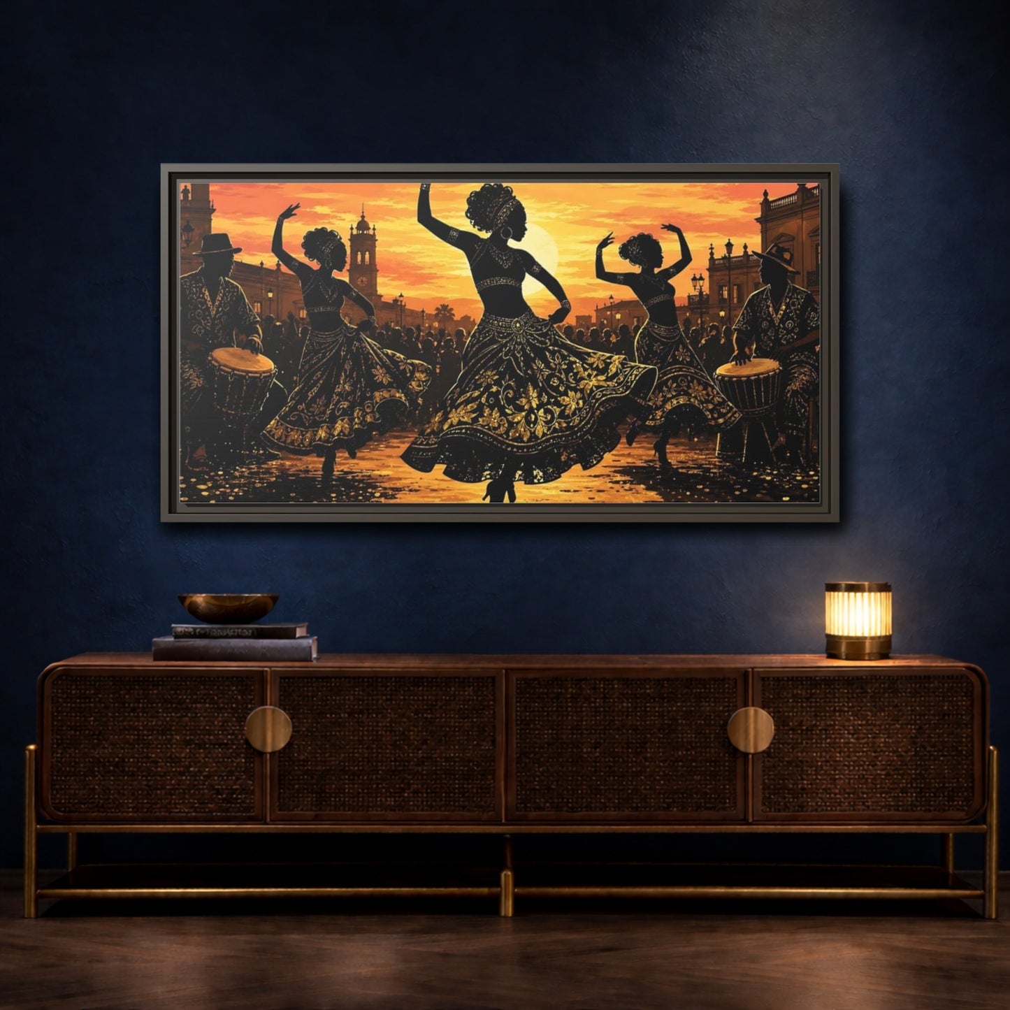 Mockup 4. Golden Sunset Dancers shown as framed canvas print