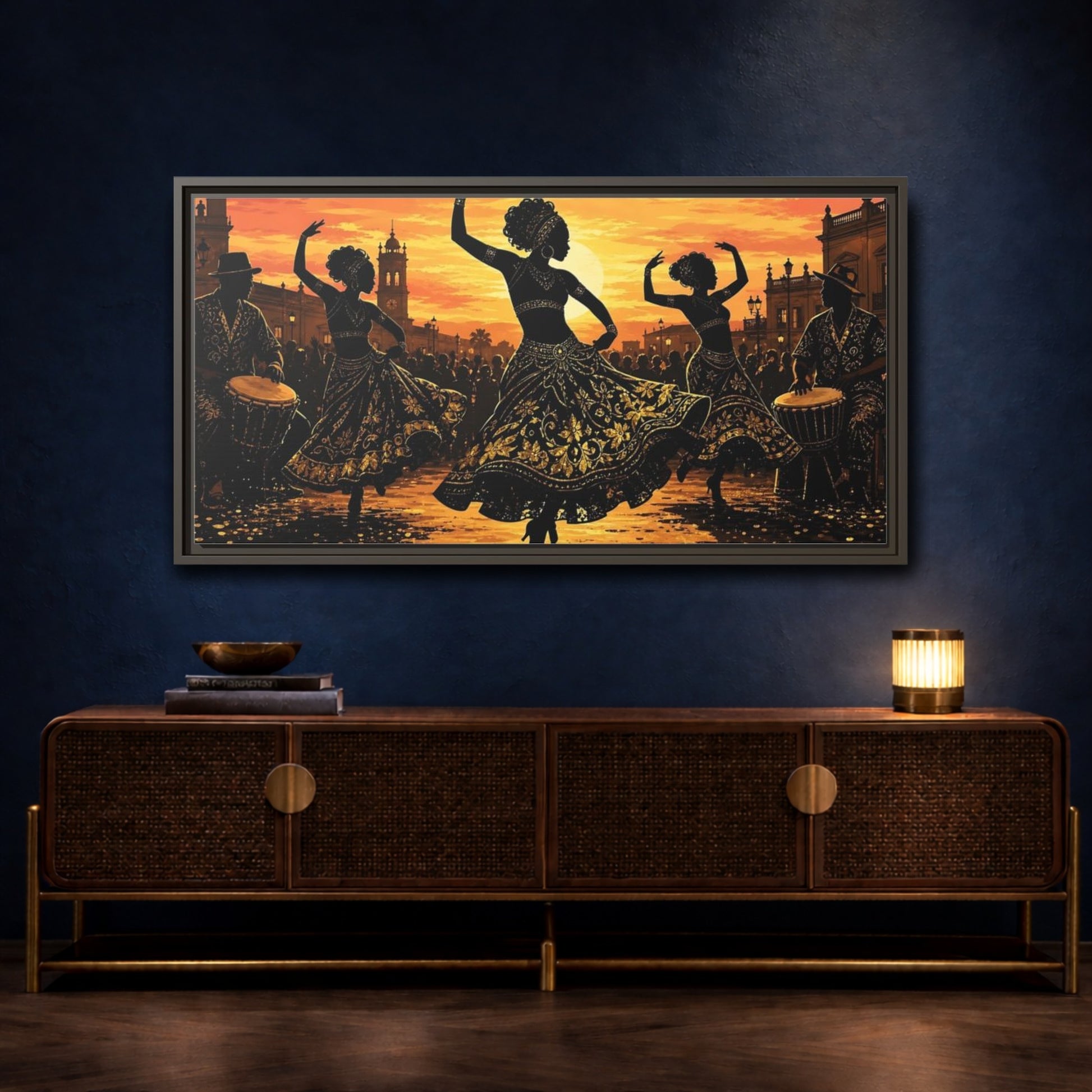 Mockup 4. Golden Sunset Dancers shown as framed canvas print