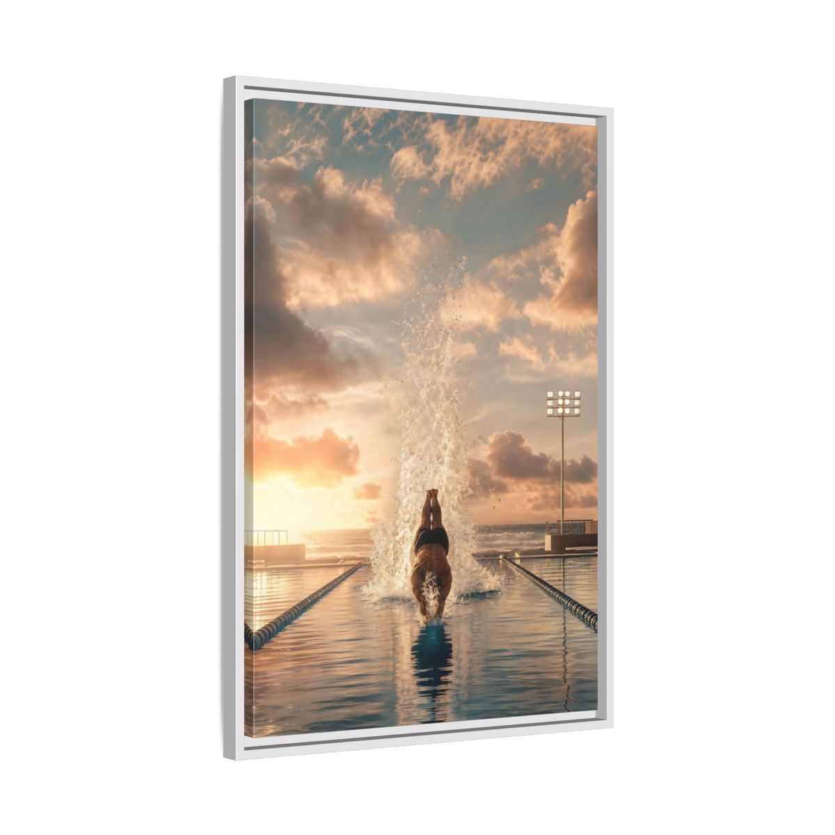 Side Mockup 10. Golden Sunset Dive shown as framed canvas print