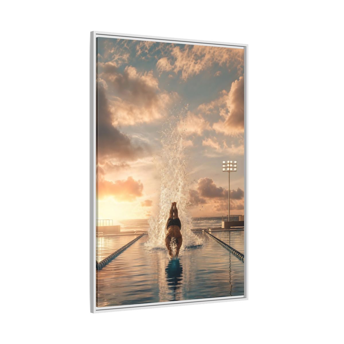 Side Mockup 7. Golden Sunset Dive shown as framed canvas print