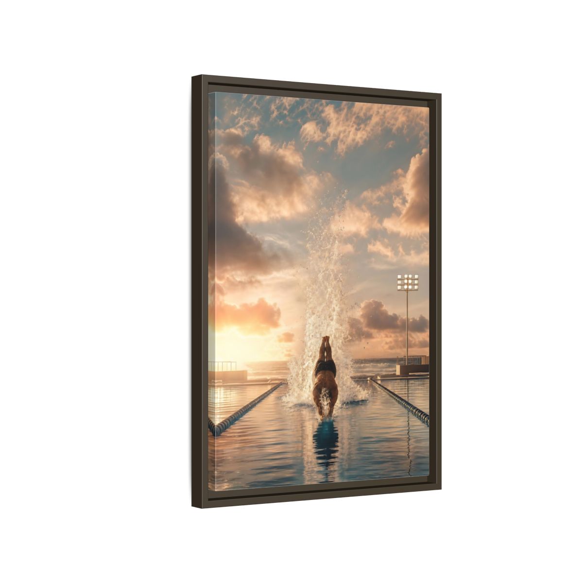 Side Mockup 2. Golden Sunset Dive shown as framed canvas print