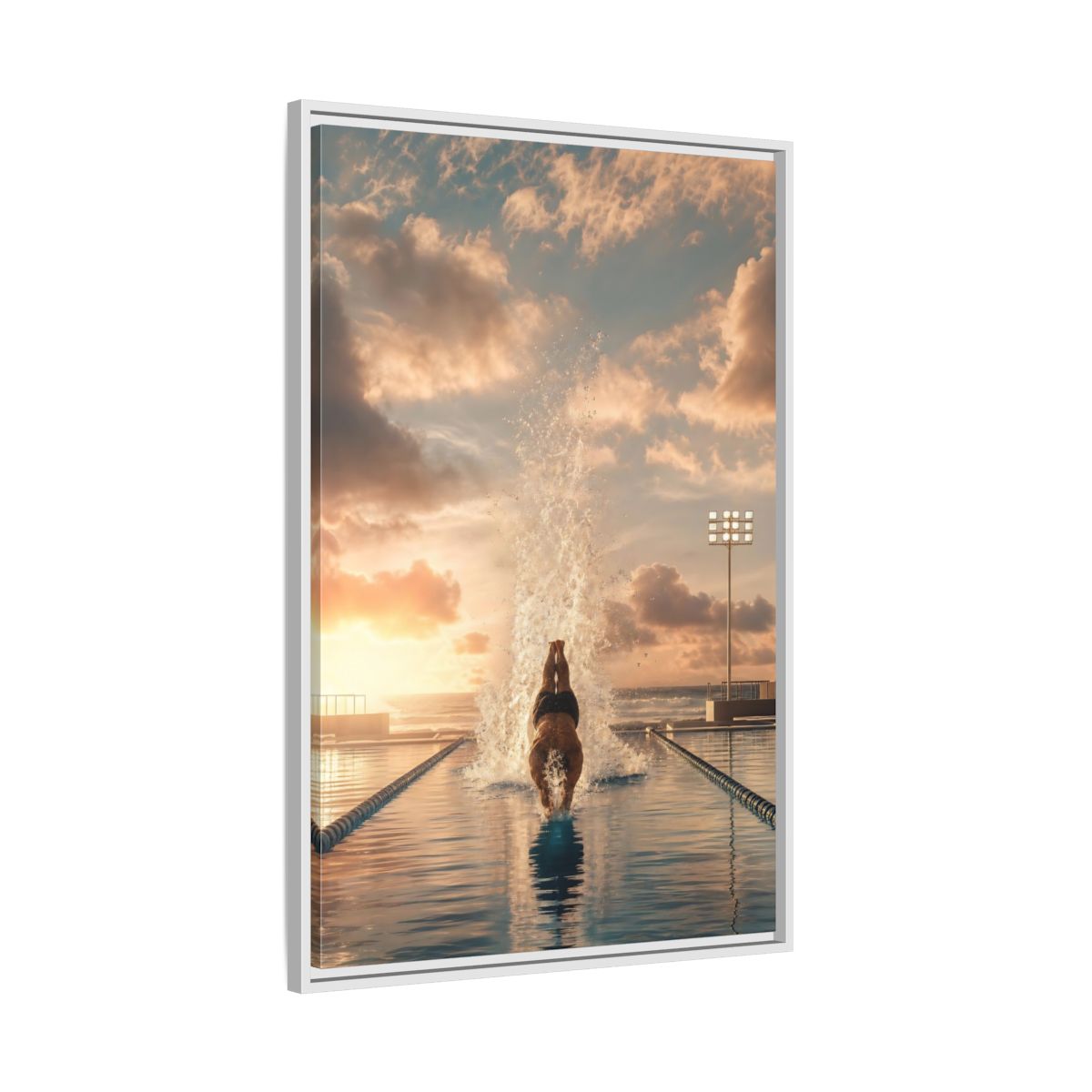 Side Mockup 9. Golden Sunset Dive shown as framed canvas print