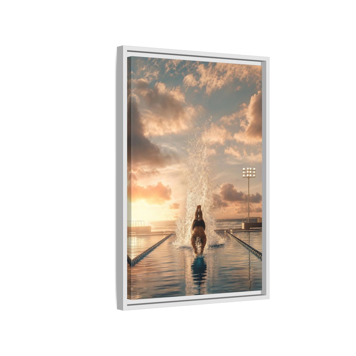 Side Mockup 1. Golden Sunset Dive shown as framed canvas print