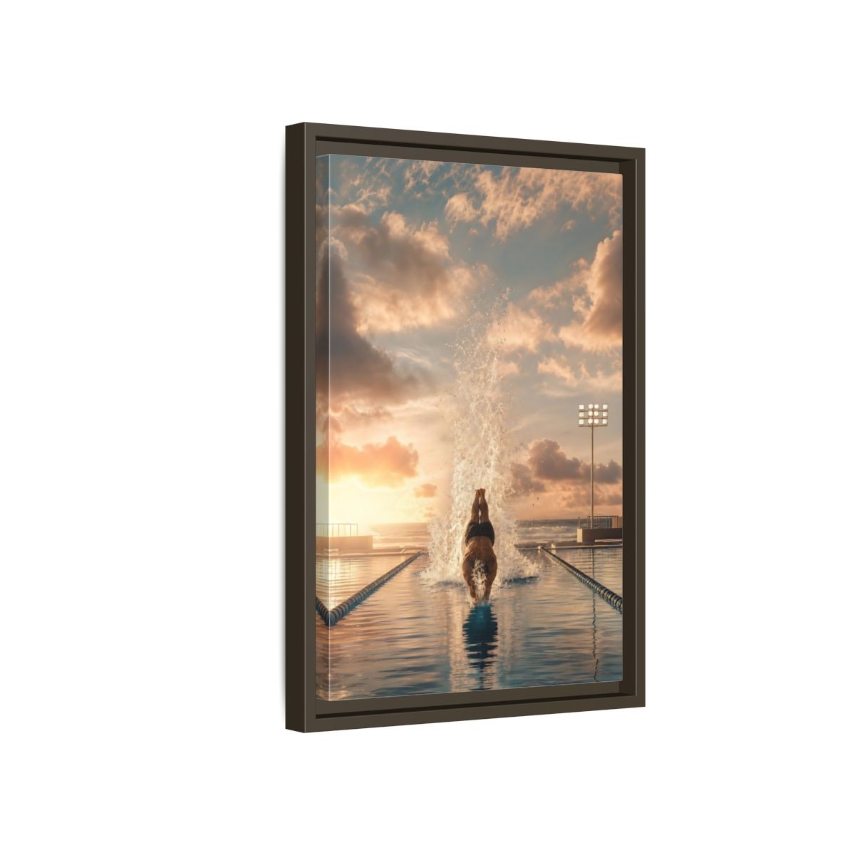 Side Mockup 5. Golden Sunset Dive shown as framed canvas print