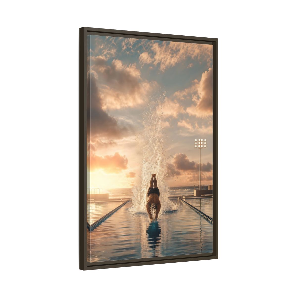 Side Mockup 11. Golden Sunset Dive shown as framed canvas print