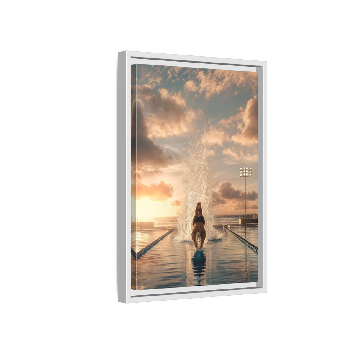 Side Mockup 4. Golden Sunset Dive shown as framed canvas print