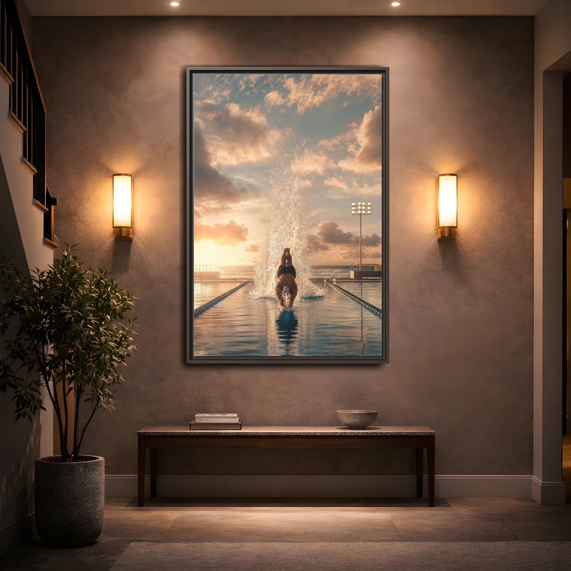 Mockup 2. Golden Sunset Dive shown as framed canvas print