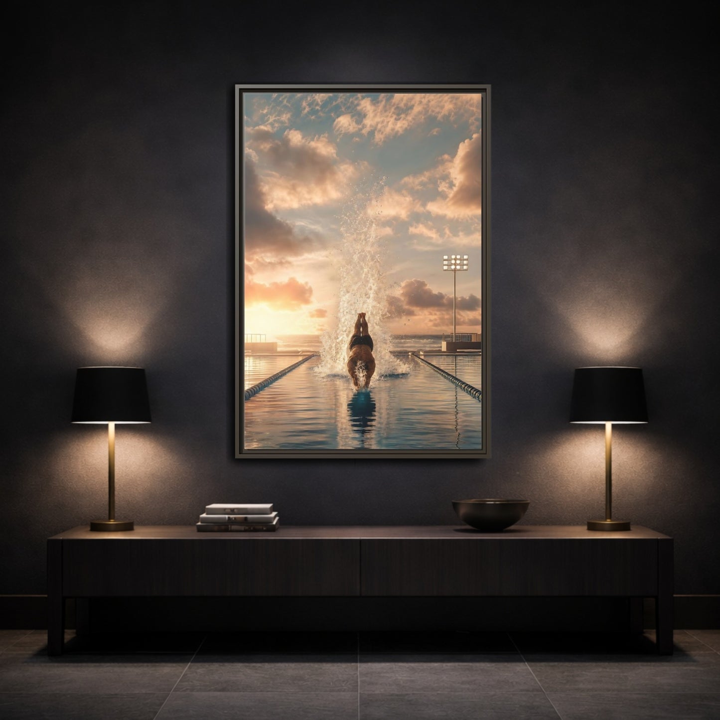 Mockup 3. Golden Sunset Dive shown as framed canvas print