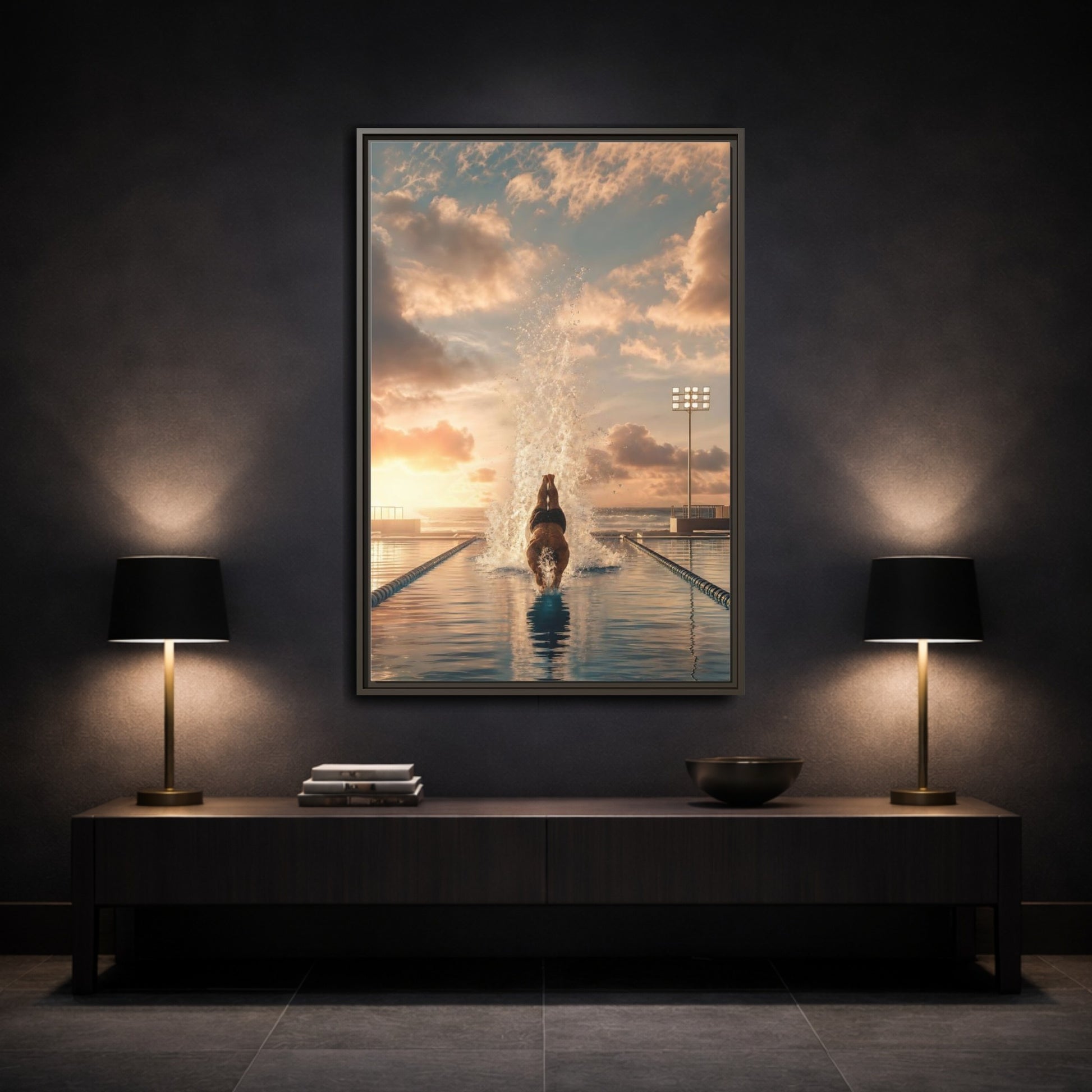 Mockup 3. Golden Sunset Dive shown as framed canvas print