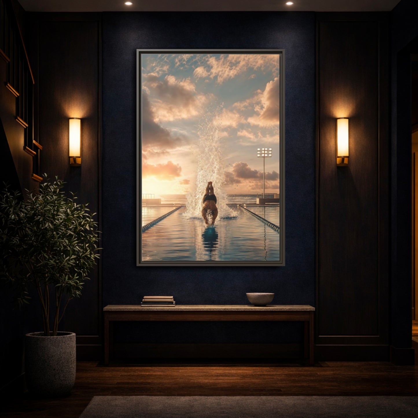 Mockup 4. Golden Sunset Dive shown as framed canvas print