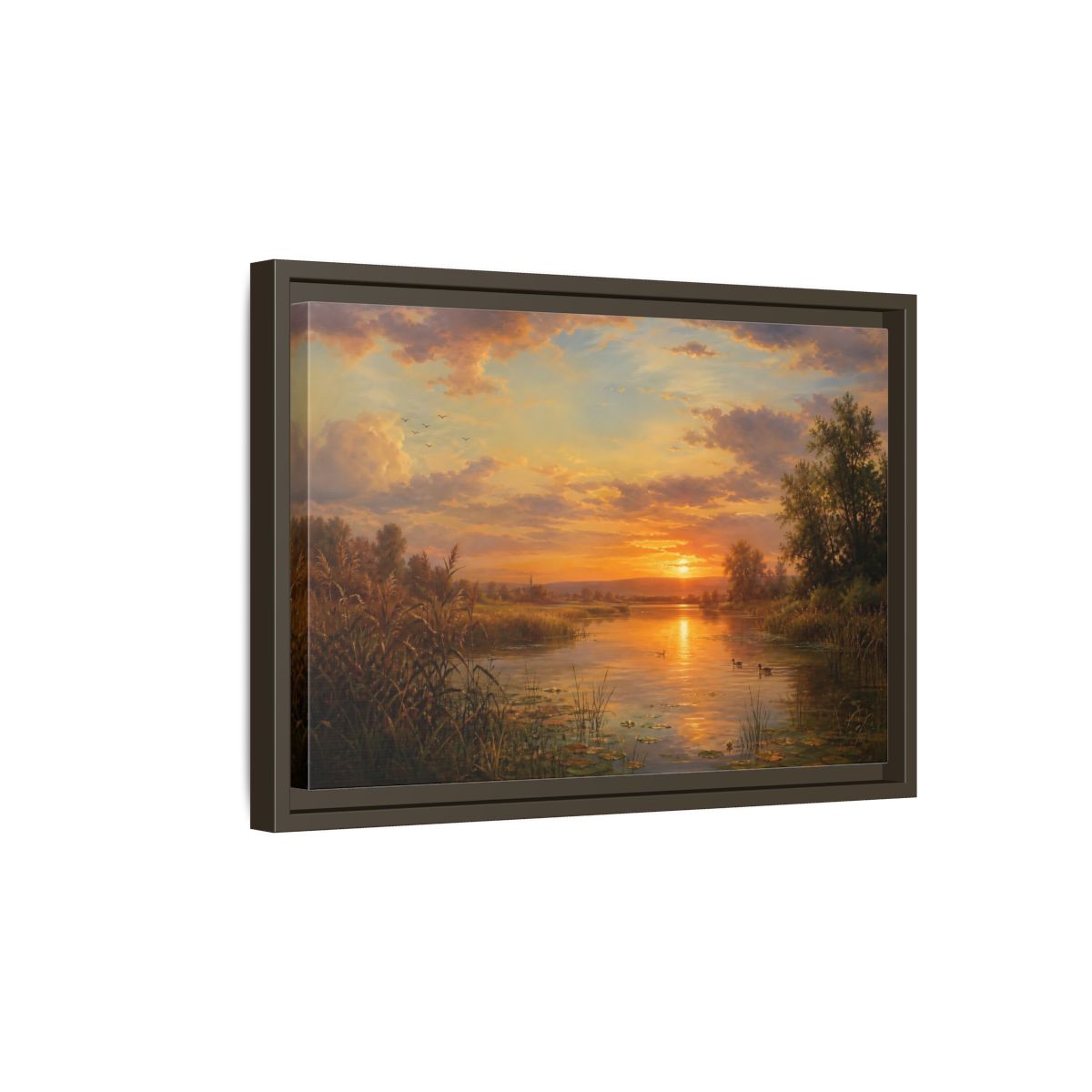 Side Mockup 5. Golden Sunset Over Lake shown as framed canvas print
