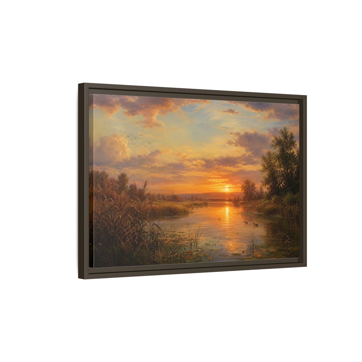 Side Mockup 2. Golden Sunset Over Lake shown as framed canvas print