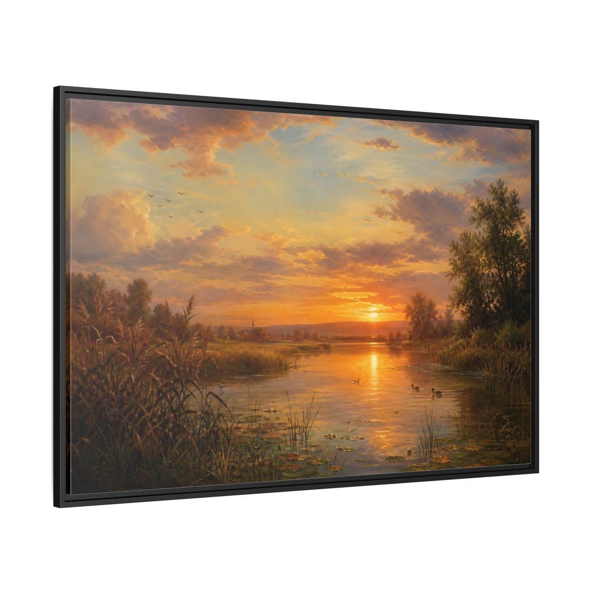 Side Mockup 12. Golden Sunset Over Lake shown as framed canvas print