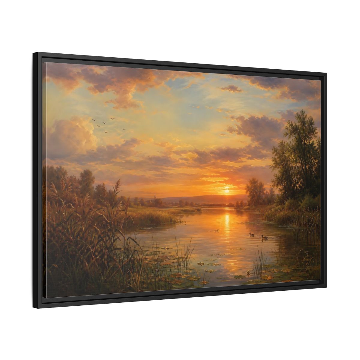 Side Mockup 13. Golden Sunset Over Lake shown as framed canvas print