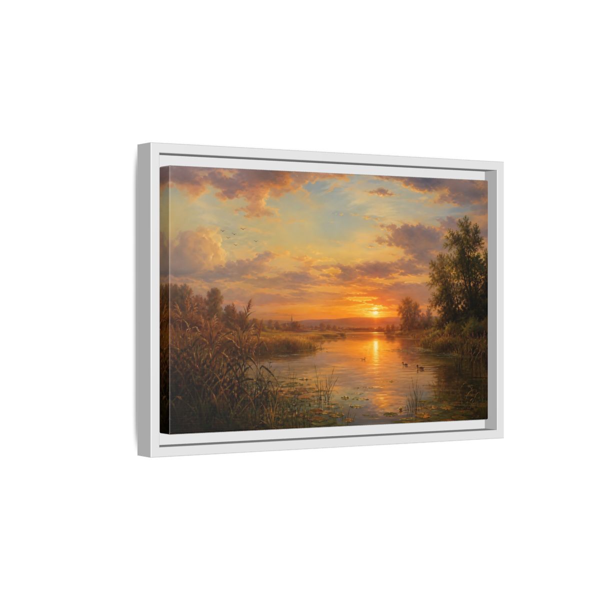 Side Mockup 4. Golden Sunset Over Lake shown as framed canvas print