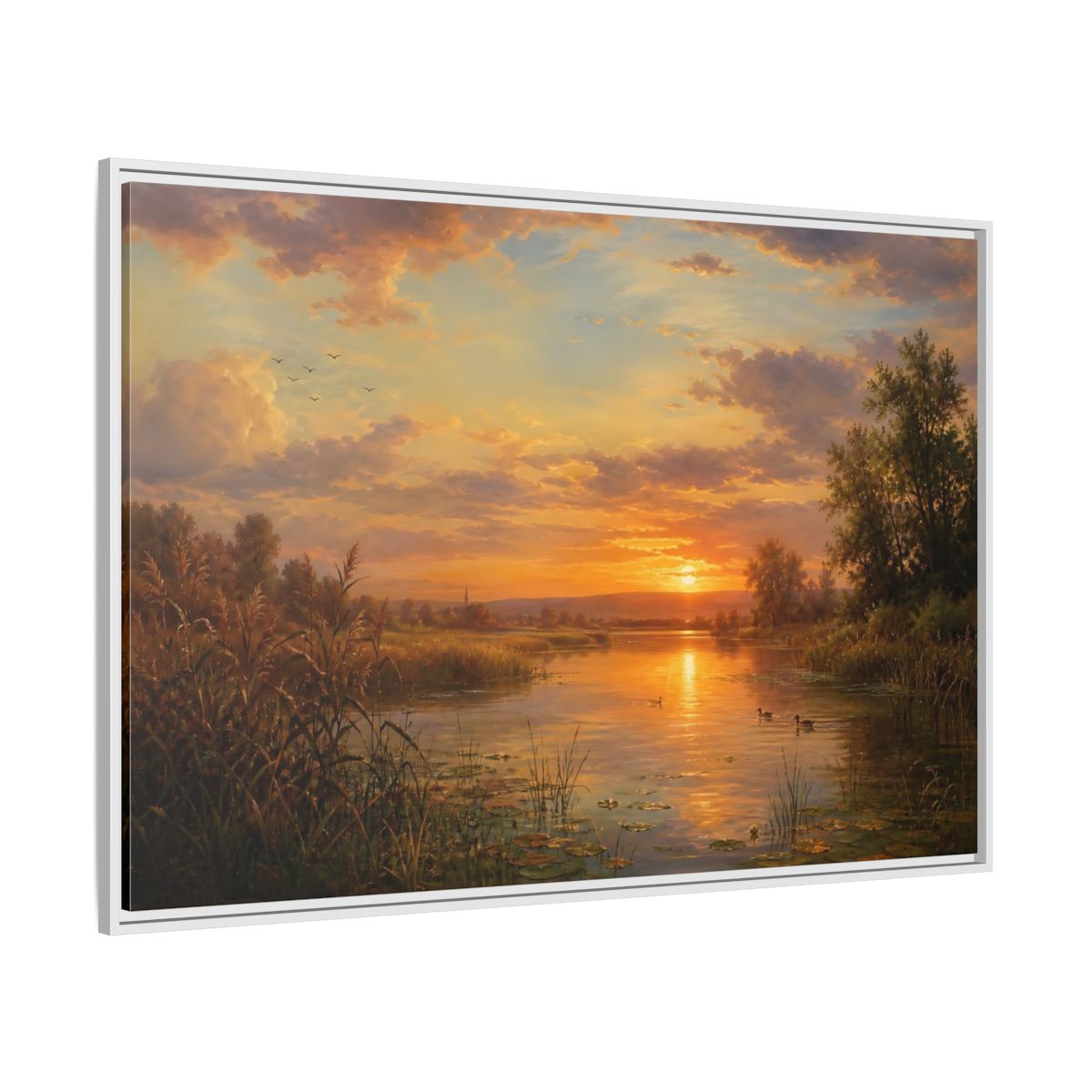 Side Mockup 7. Golden Sunset Over Lake shown as framed canvas print