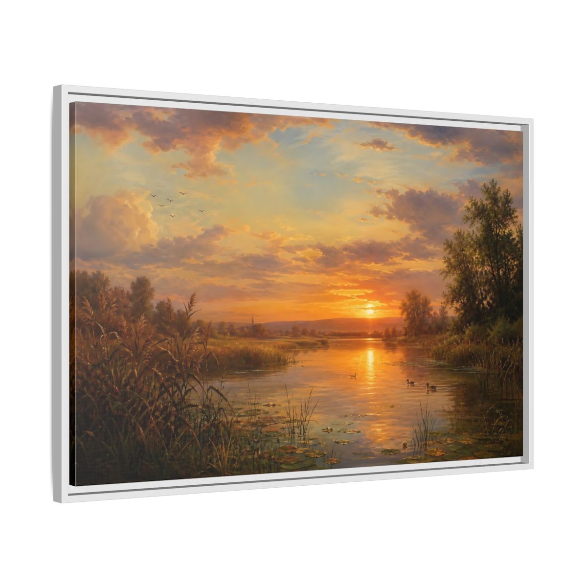 Side Mockup 9. Golden Sunset Over Lake shown as framed canvas print